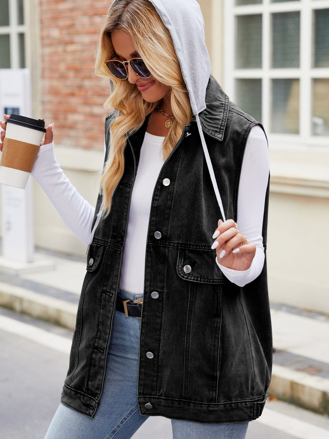 Drawstring Hooded Sleeveless Denim Jacket, view 3