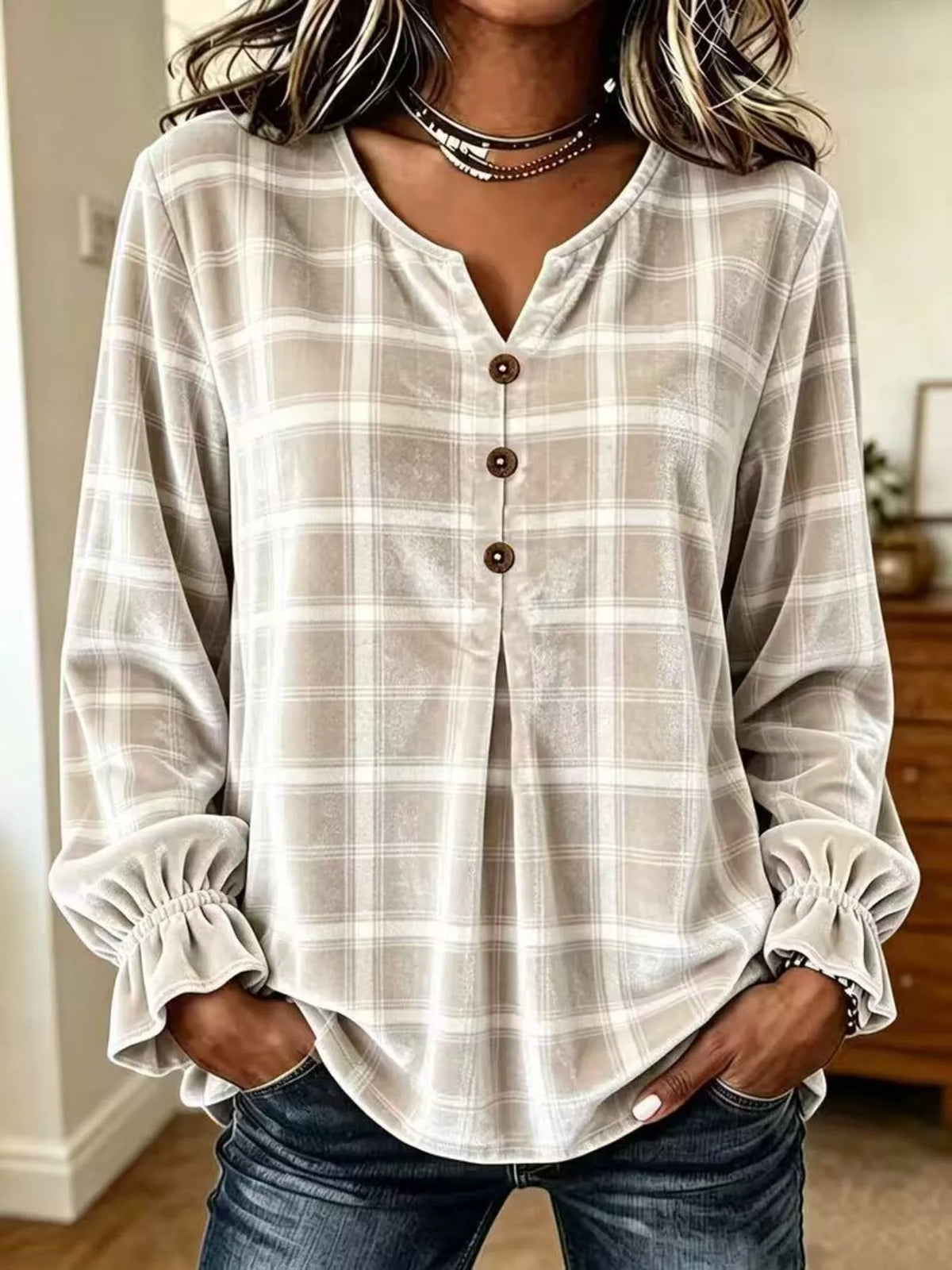 Full Size Plaid Velvet Flounce Sleeve Blouse Plus Size - Lilixa.store