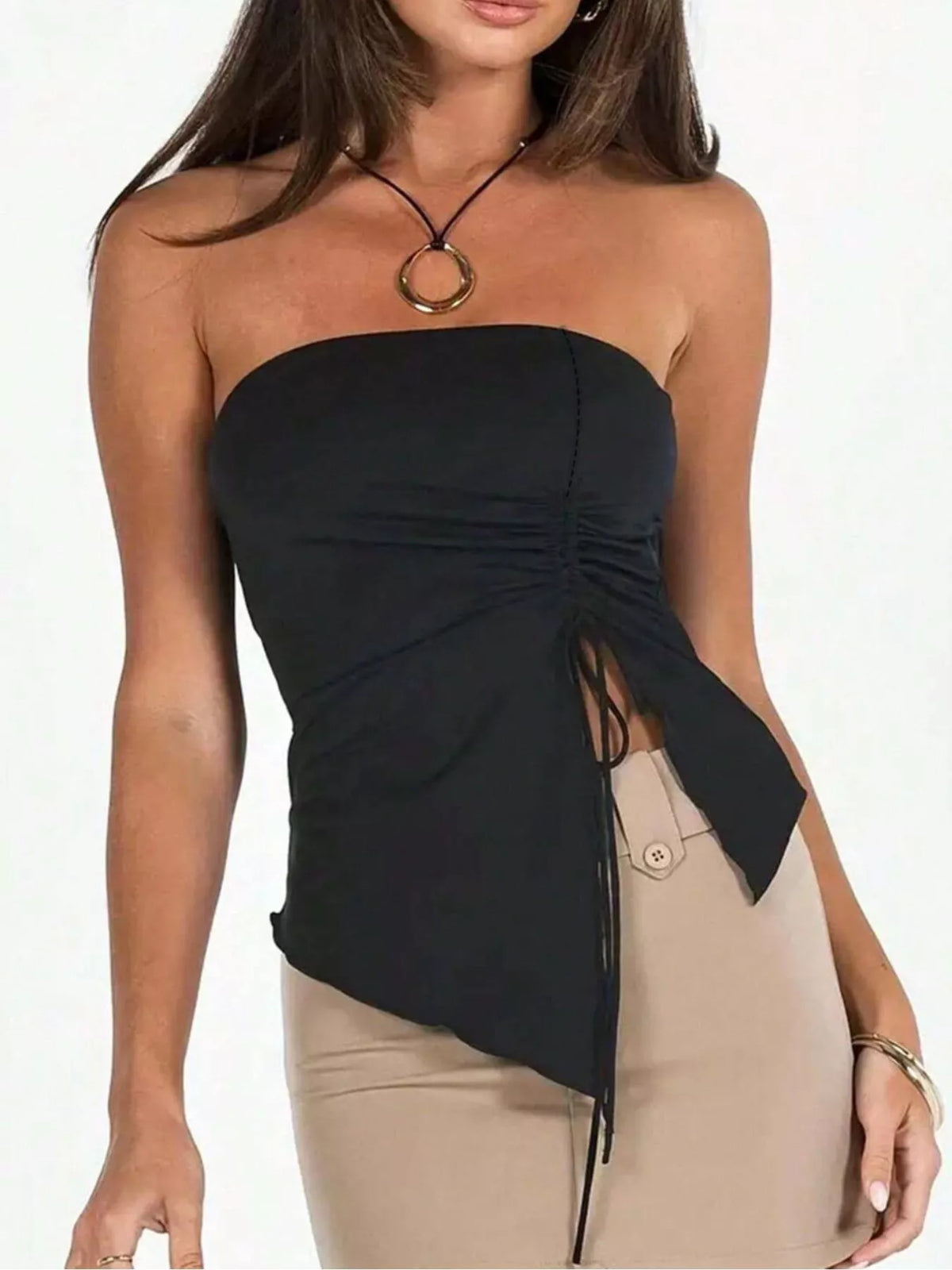 Strapless Ruched Drawstring Cami Top in Black