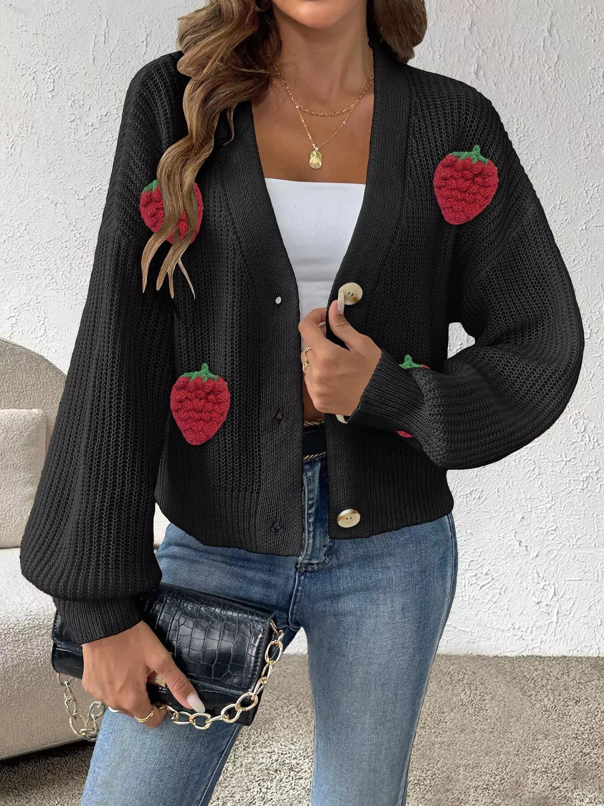 Strawberry Applique Button Up Cardigan - Lilixa.store