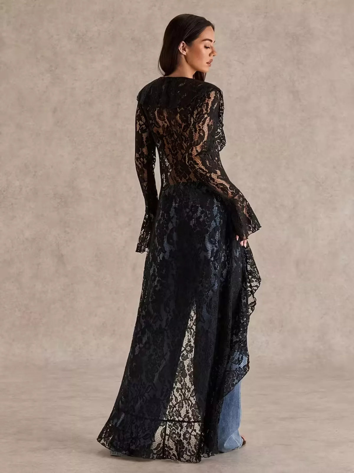 Lace Ruffle Trim High-Low Blouse - Lilixa.store