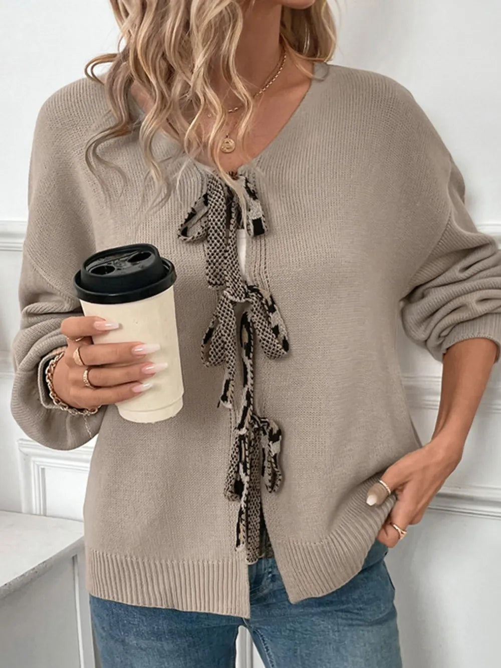 Perfee Tied Contrast Heart V-Neck Long Sleeve Cardigan - Lilixa.store