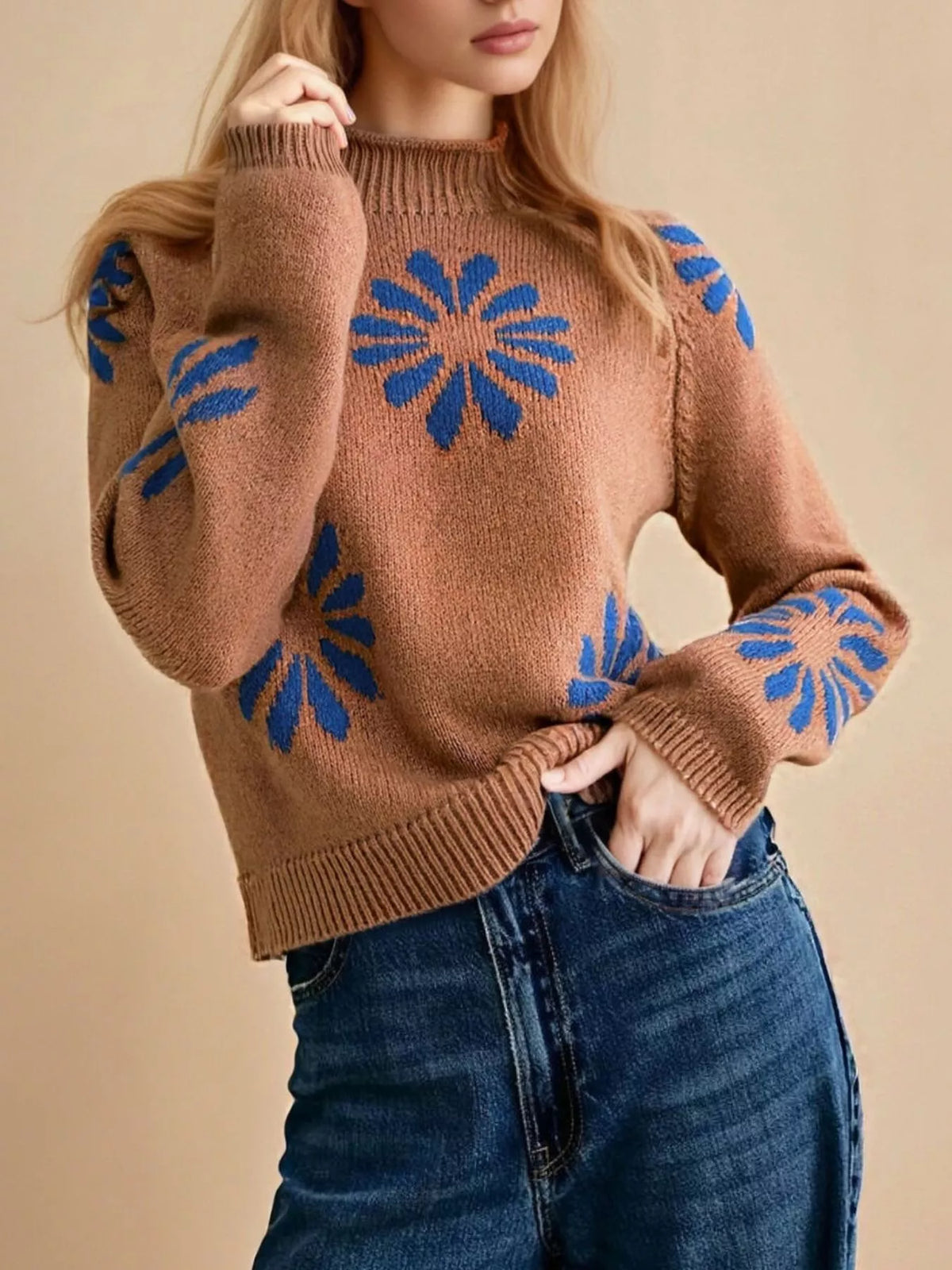 Flower Mock Neck Raglan Sleeve Sweater - Lilixa.store