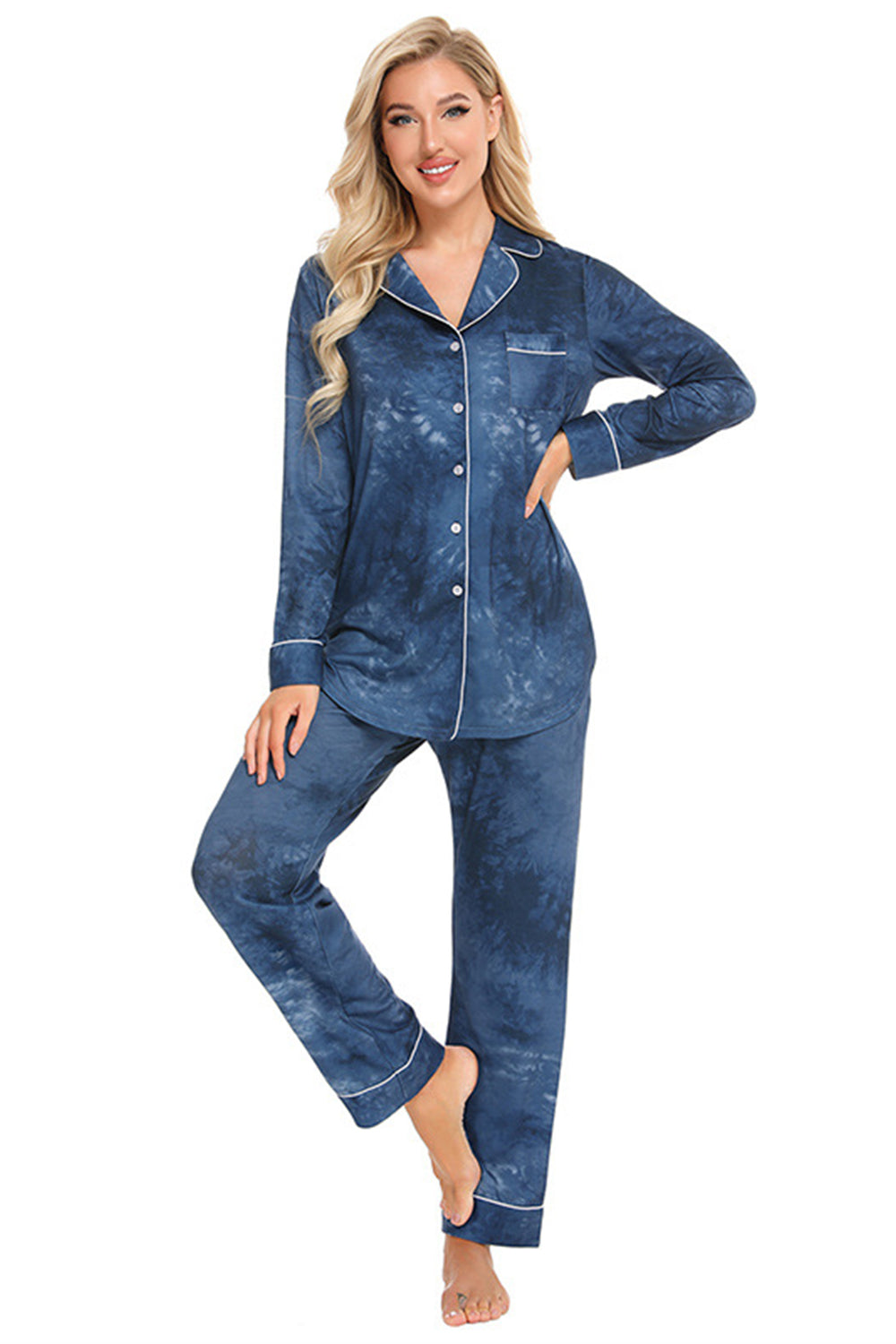 Collared Neck Long Sleeve Loungewear Set with Pockets - Lilixa.store