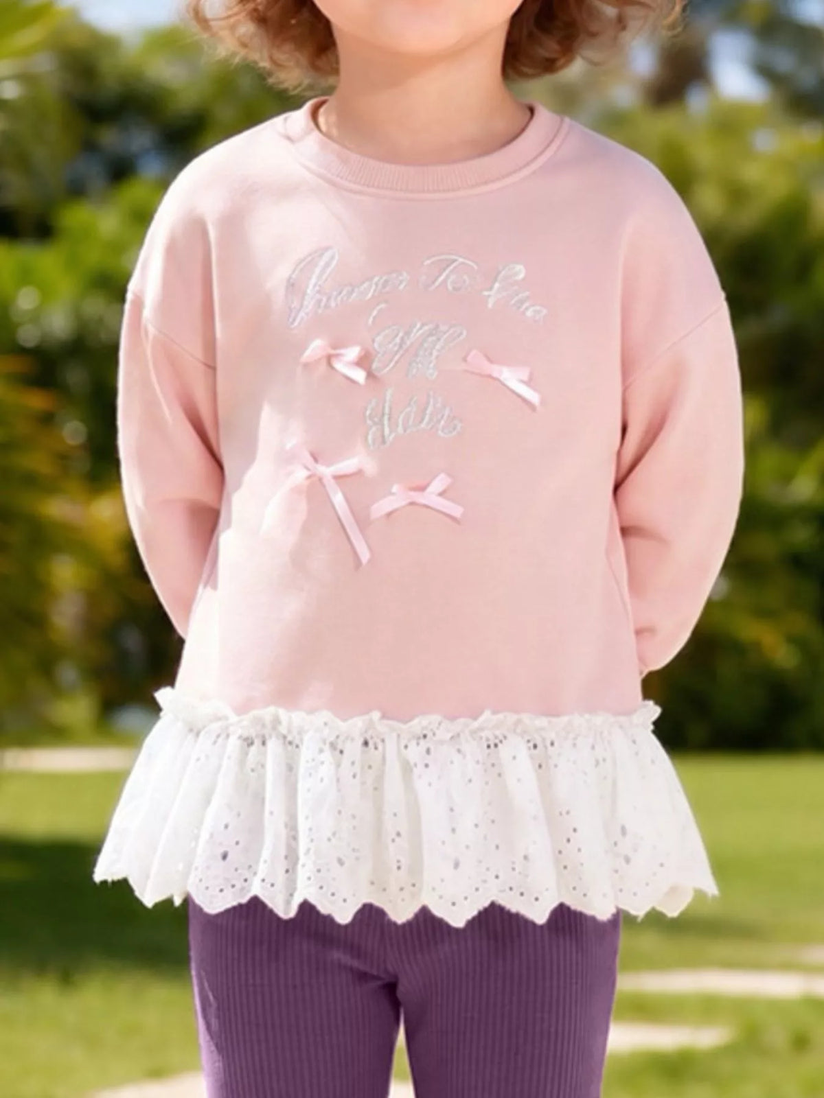 Children's Bow-Embellished Sweatshirt and Flare Pants Set in Dusty Pink, view 3