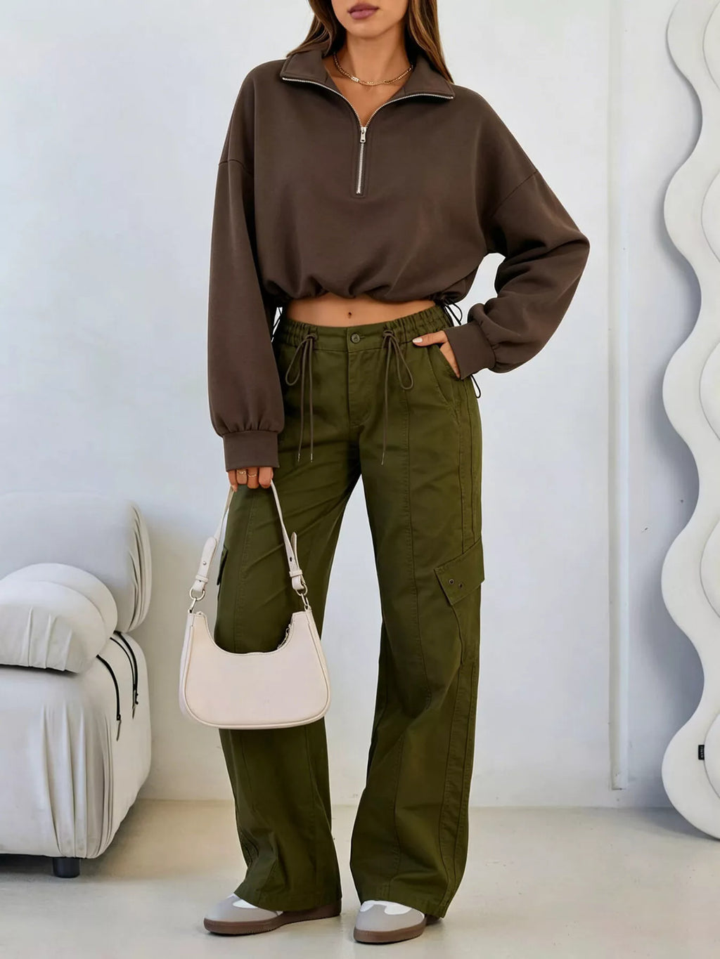 Half Zip Drawstring Hem Sweatshirt - Lilixa.store