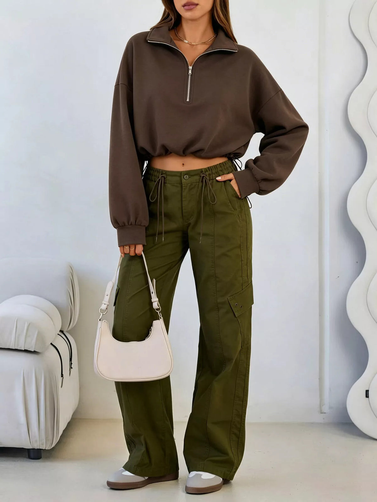 Half Zip Drawstring Hem Sweatshirt - Lilixa.store