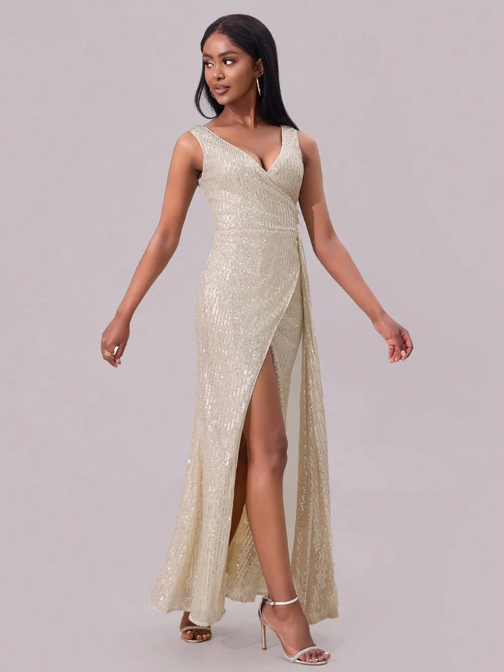 Slit Sequin Surplice Sleeveless Maxi Dress - Lilixa.store