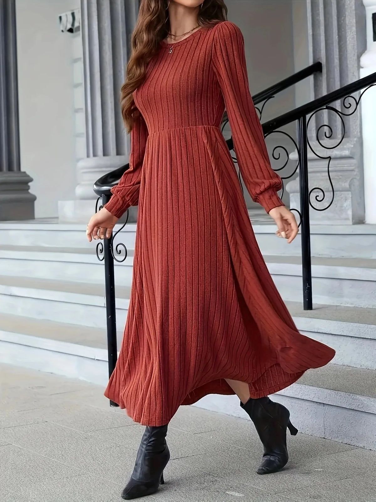 Ribbed Long Sleeve Sweater Dress in Rust, view 3