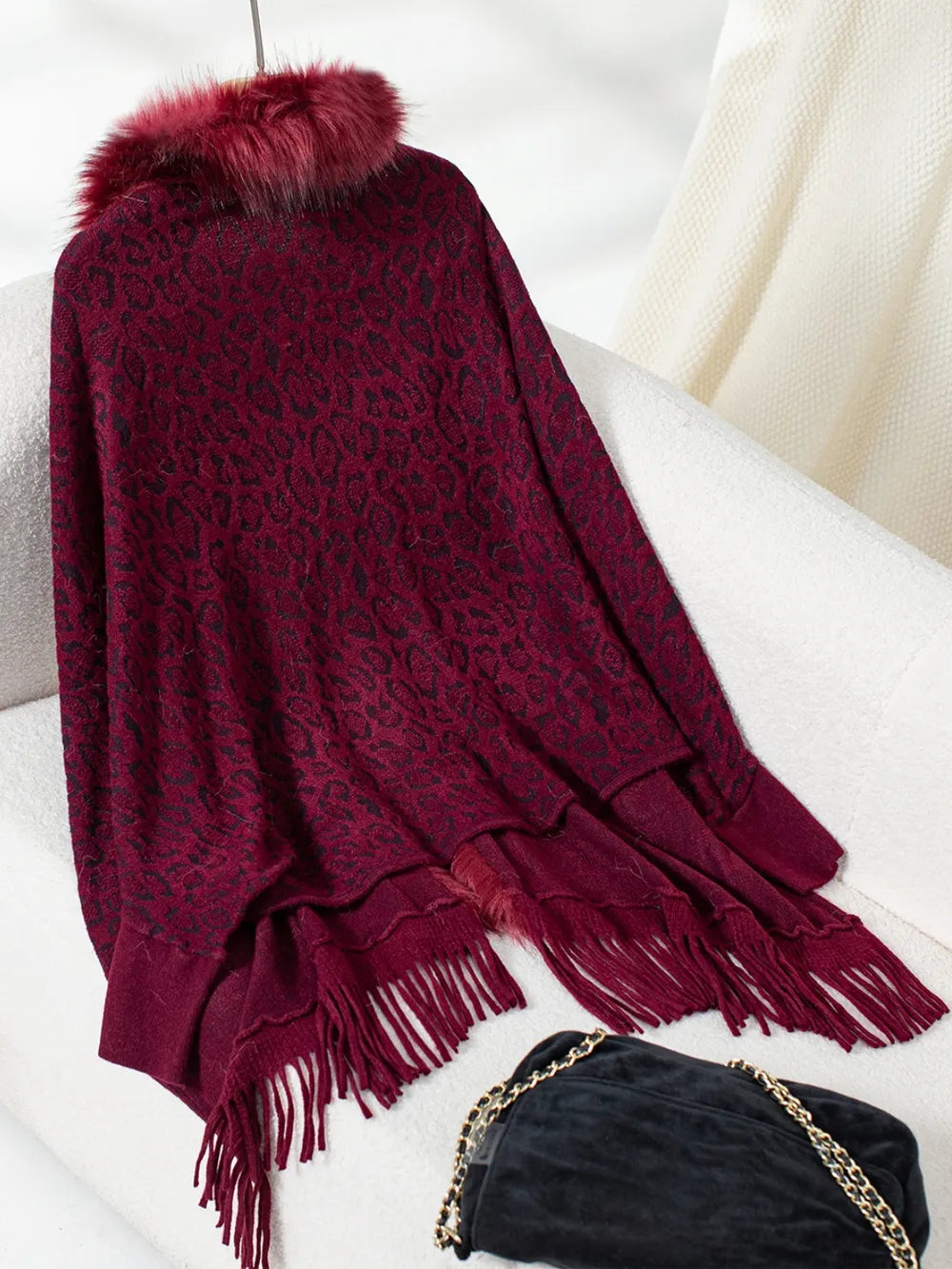 Fringe Leopard Open Front Long Sleeve Poncho, view 8
