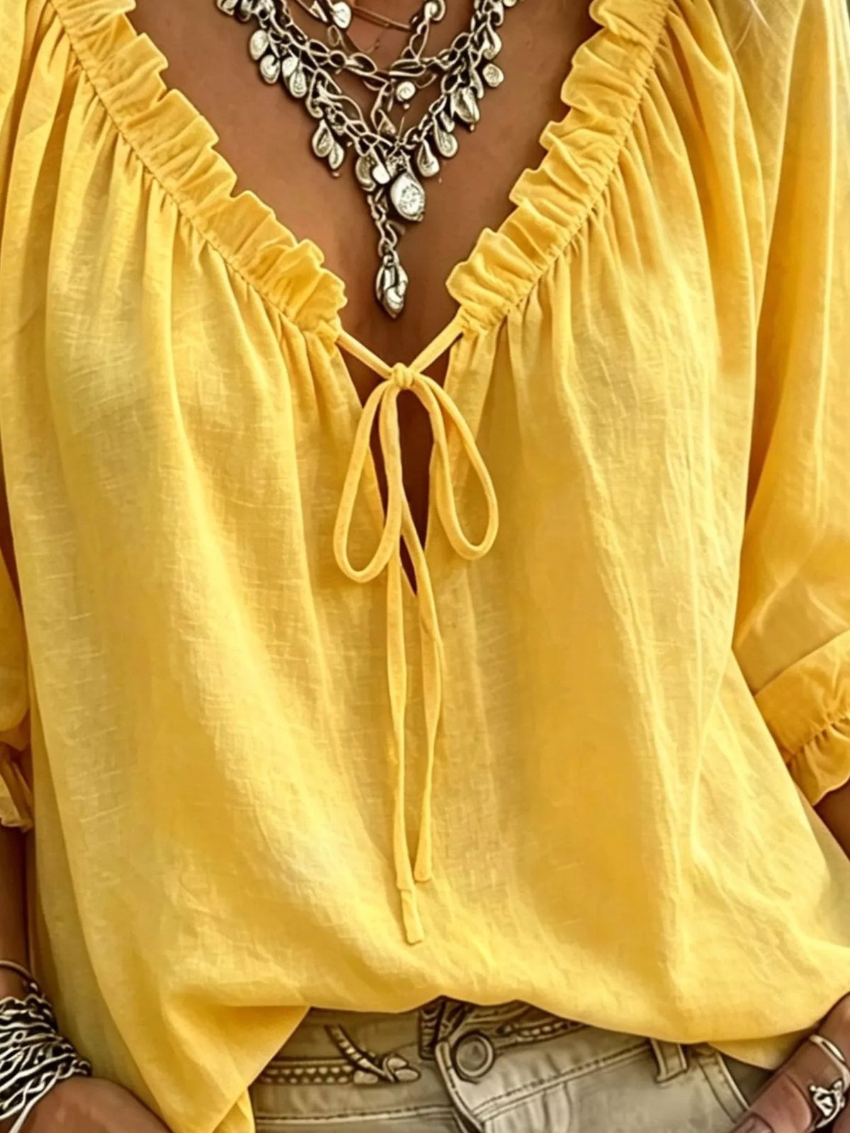 Frill Tie Neck 3/4 Sleeve Blouse - Lilixa.store