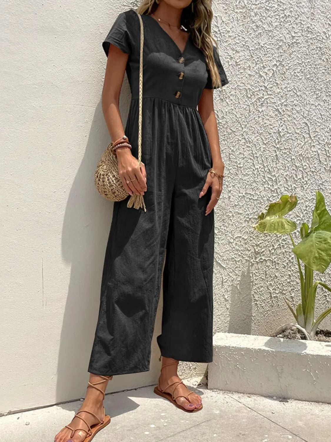 V-Neck Short Sleeve Wide Leg Jumpsuit - Lilixa.store
