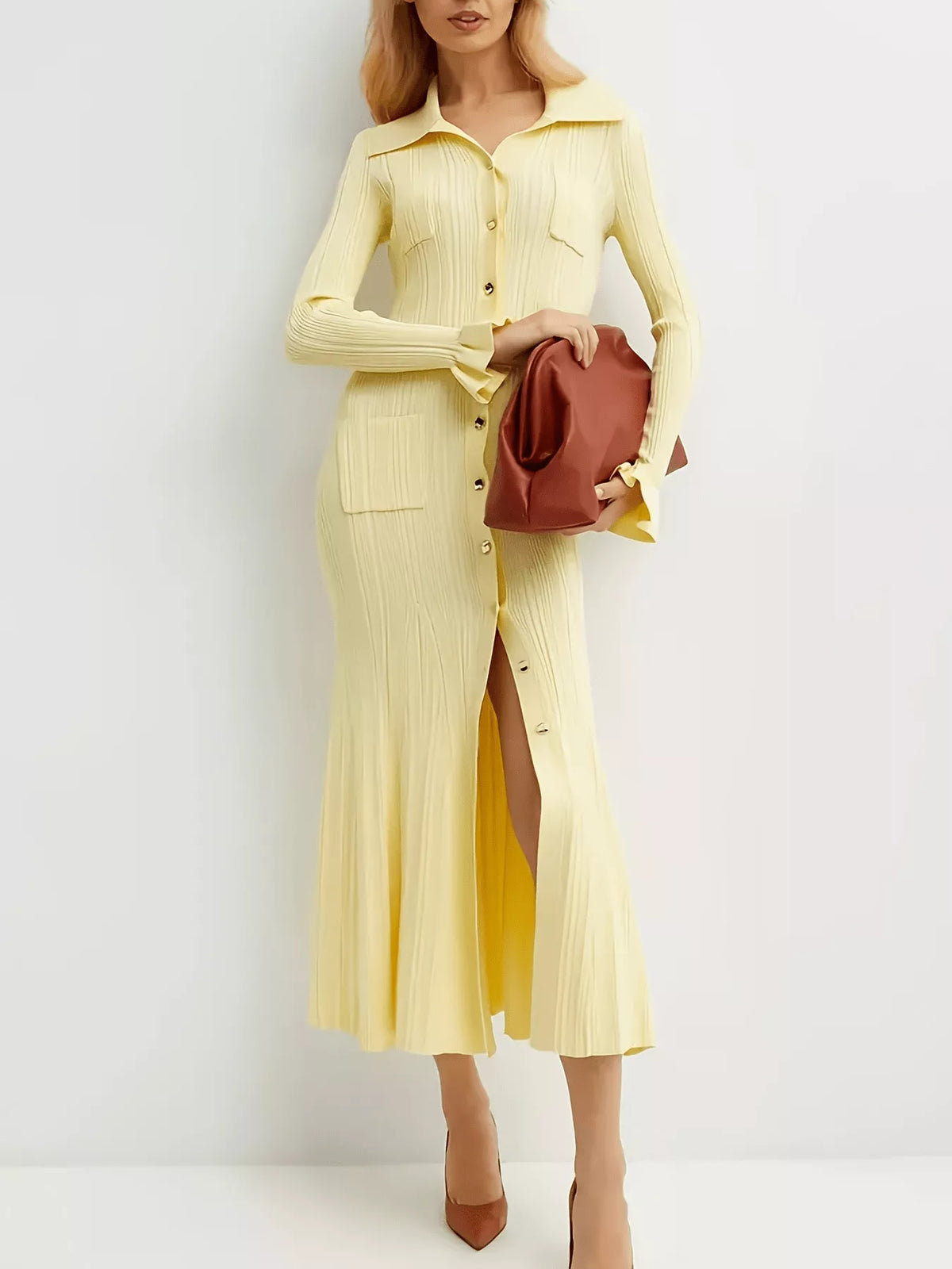 Button-Down Flounce Sleeve Sweater Dress in Pastel Yellow, view 3