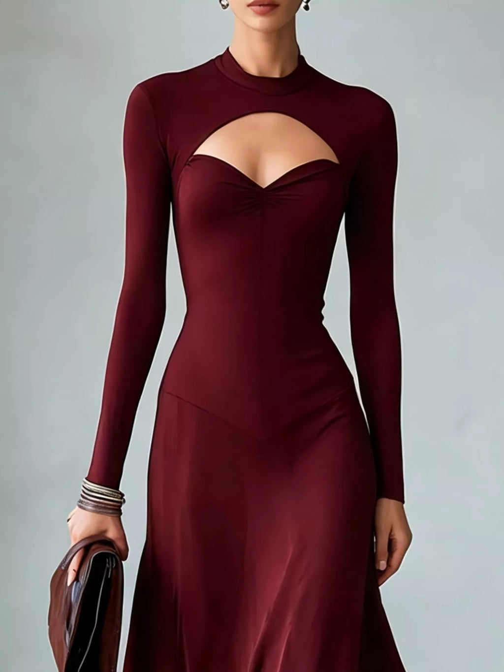 Full Size Mock Neck Cut-Out Long Sleeve Midi Dress Plus Size - Lilixa.store