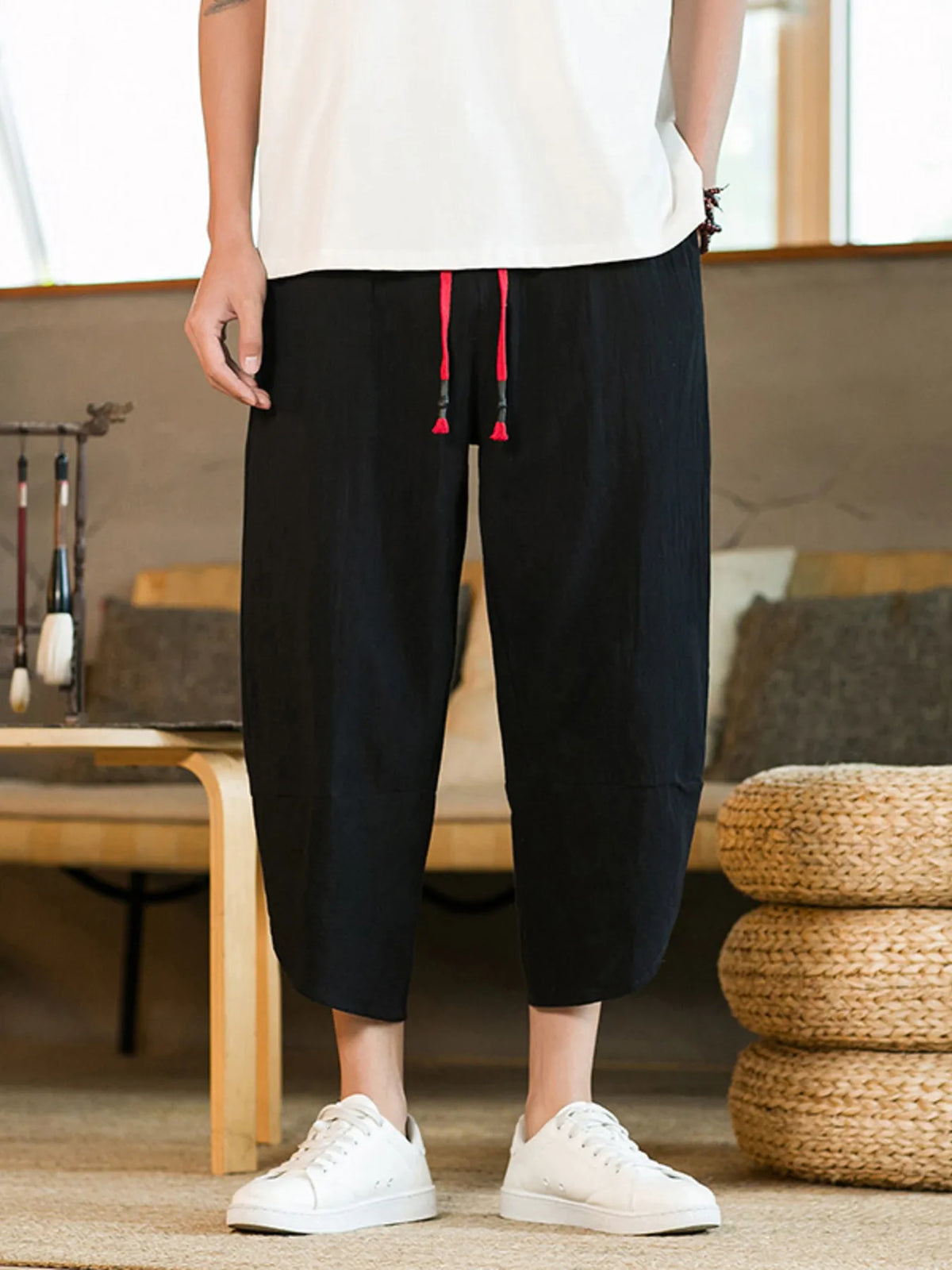 Men's Plus Size Casual Linen Cropped Pants with Drawstring in Black