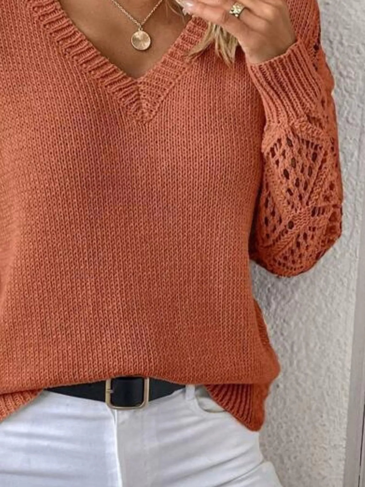 V-Neck Hollow-Out Sleeve Knit Sweater - Lilixa.store