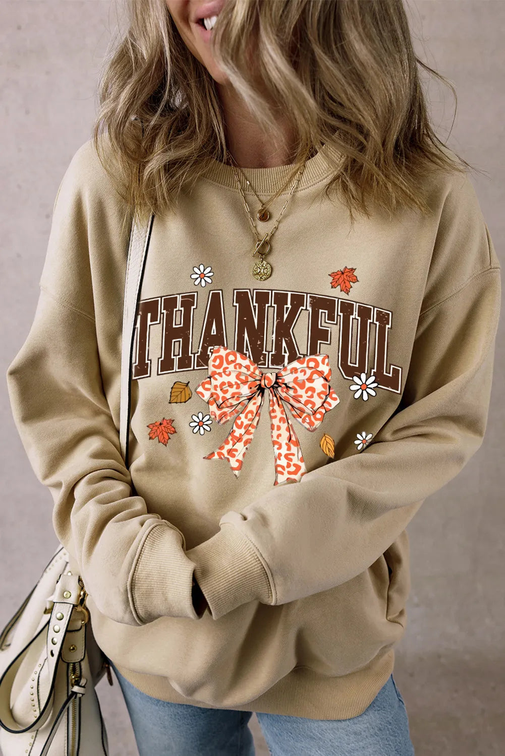 THANKFUL Bow Round Neck Long Sleeve Sweatshirt - Lilixa.store