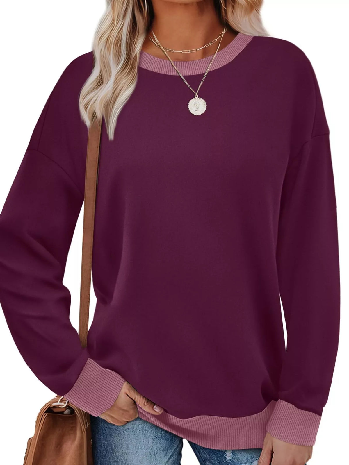 Contrast Trim Crew Neck Casual Sweatshirt - Lilixa.store