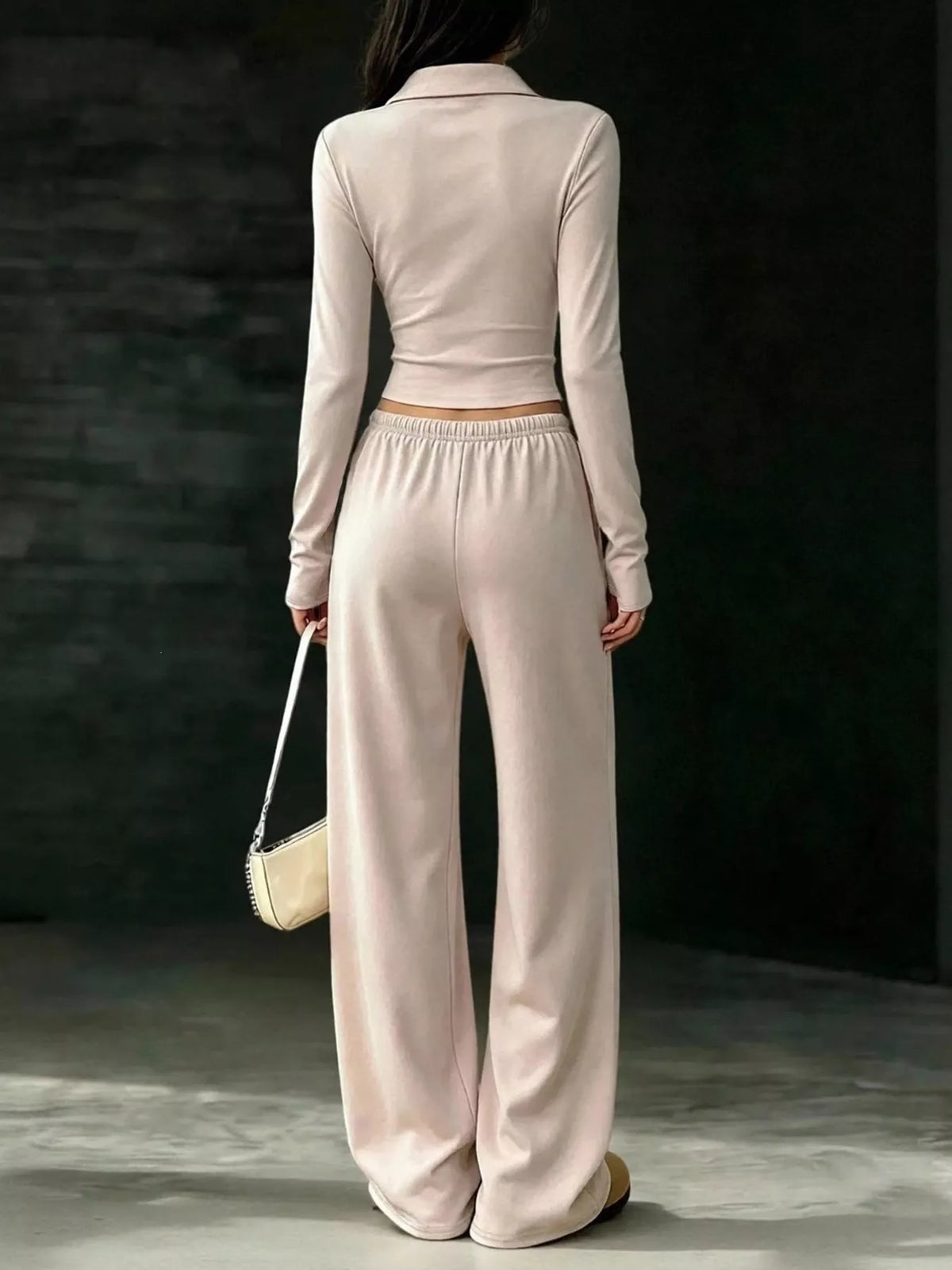 Solid Color Long Sleeve Polo Collar Top and Wide Leg Pants Set - Lilixa.store
