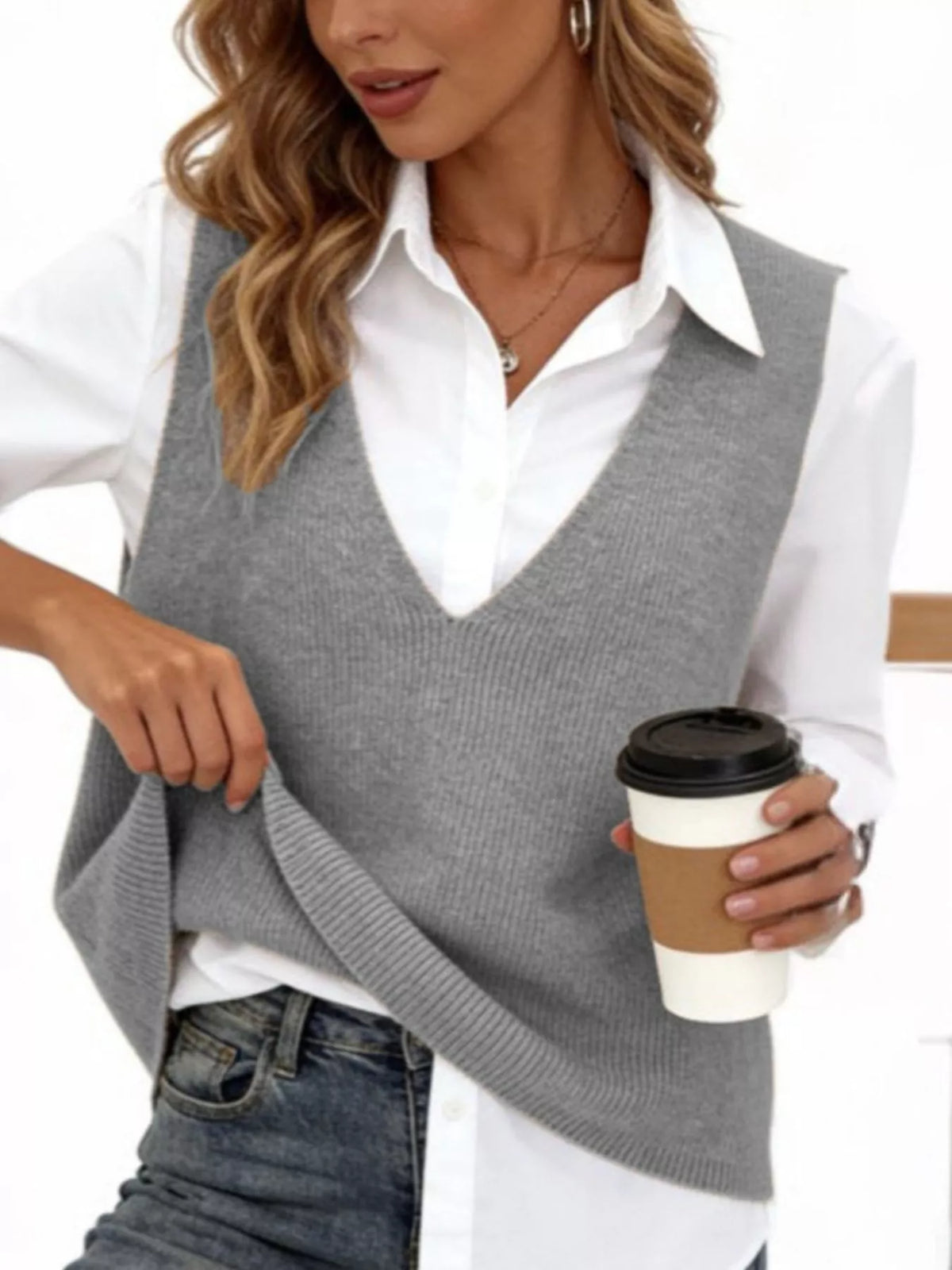 Full Size Chic V-Neck Sleeveless Knit Sweater Vest Plus Size - Lilixa.store