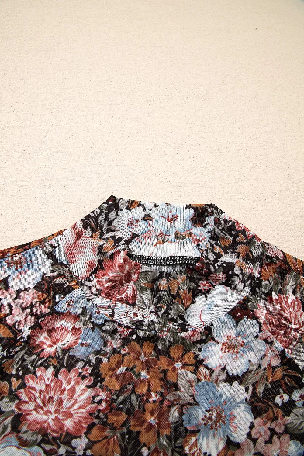 Floral Print Mock Neck Sheer Mesh Top, view 7