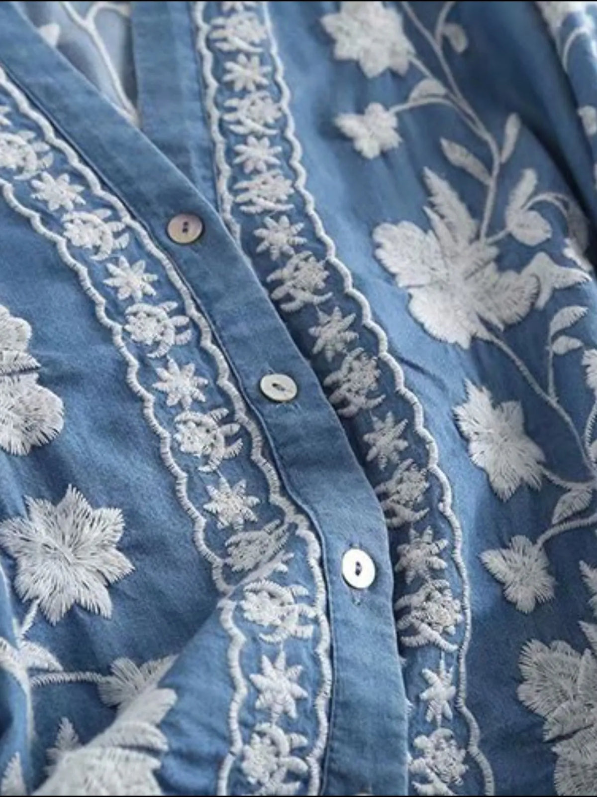 Floral Embroidered Button Up Denim Shirt - Lilixa.store