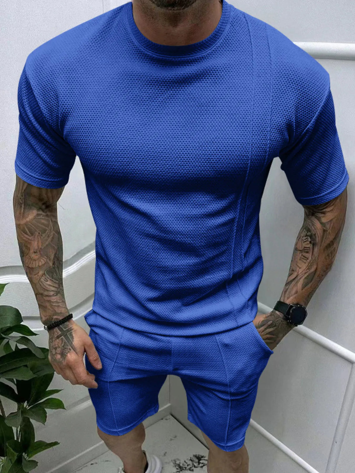 Men's Full Size Round Neck Tee and Shorts Set Plus Size in Sapphire Blue