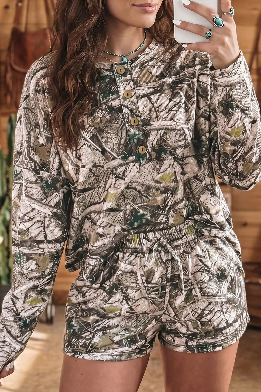 Camo Long Sleeve Top Elastic Waist Shorts Two Piece Set - Lilixa.store