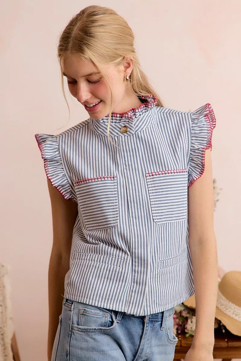 SO ME Stripe Twill Stitch Ruffled Hidden Button Vest Top - Lilixa.store