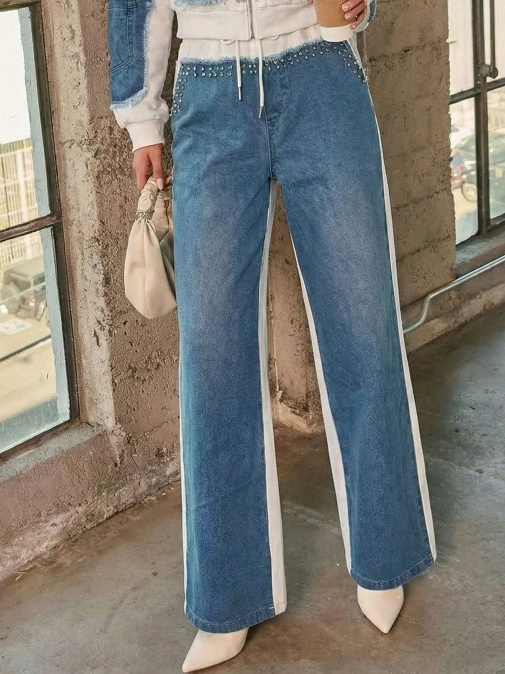 Full Size Studded Denim Patchwork Hoodie and Joggers Set Plus Size - Lilixa.store