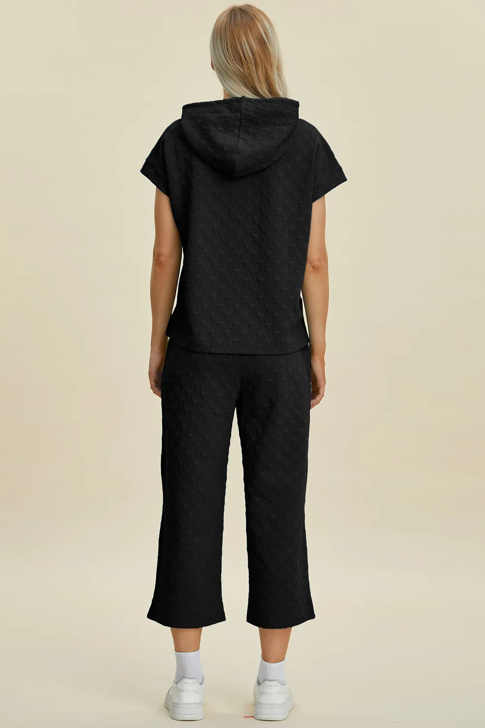 Double Take Full Size Texture Drawstring Short Sleeve Hoodie and Pocketed Pants Set, view 9