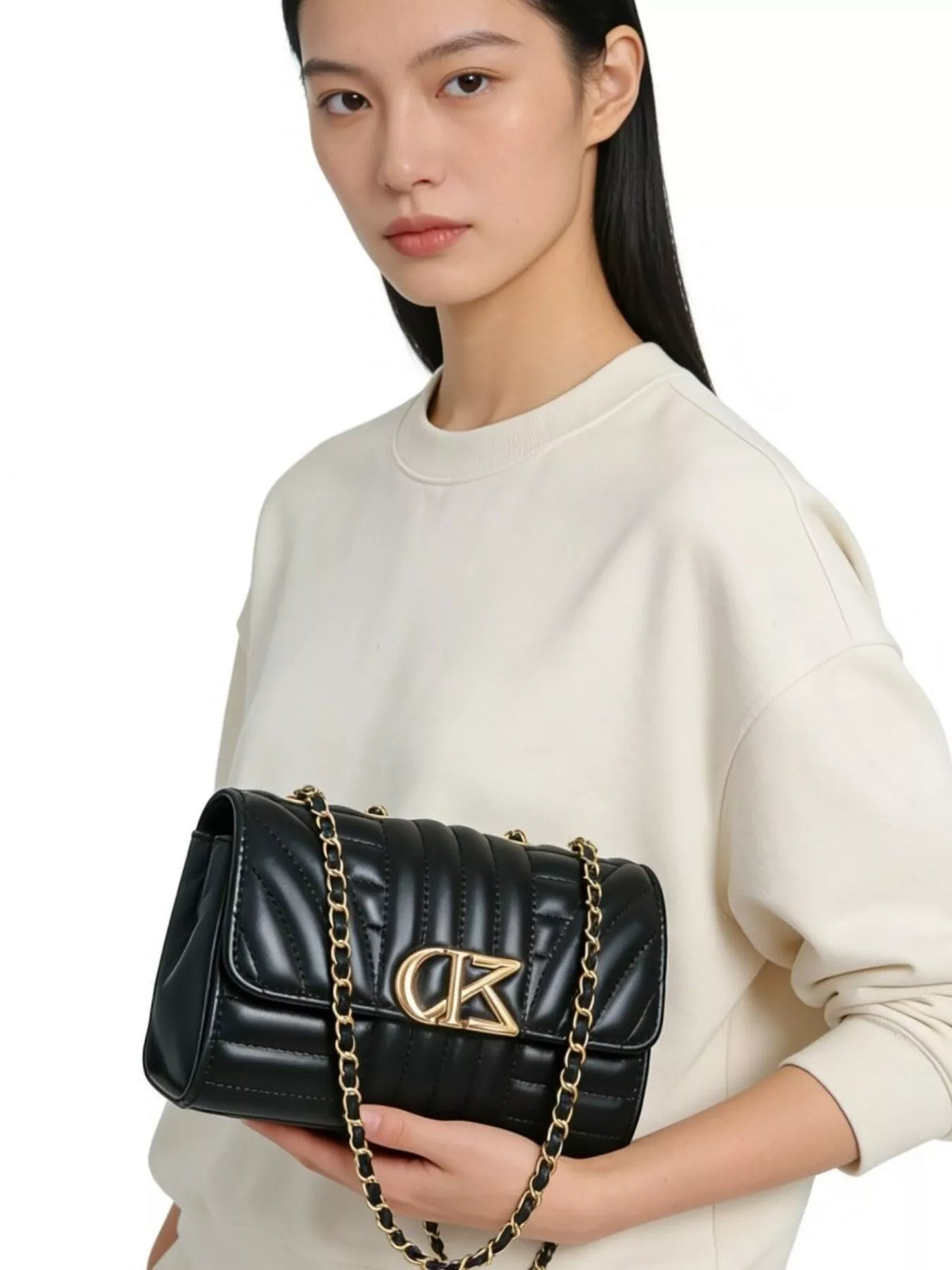 Quilted PU Leather Shoulder Bag in Black, view 5