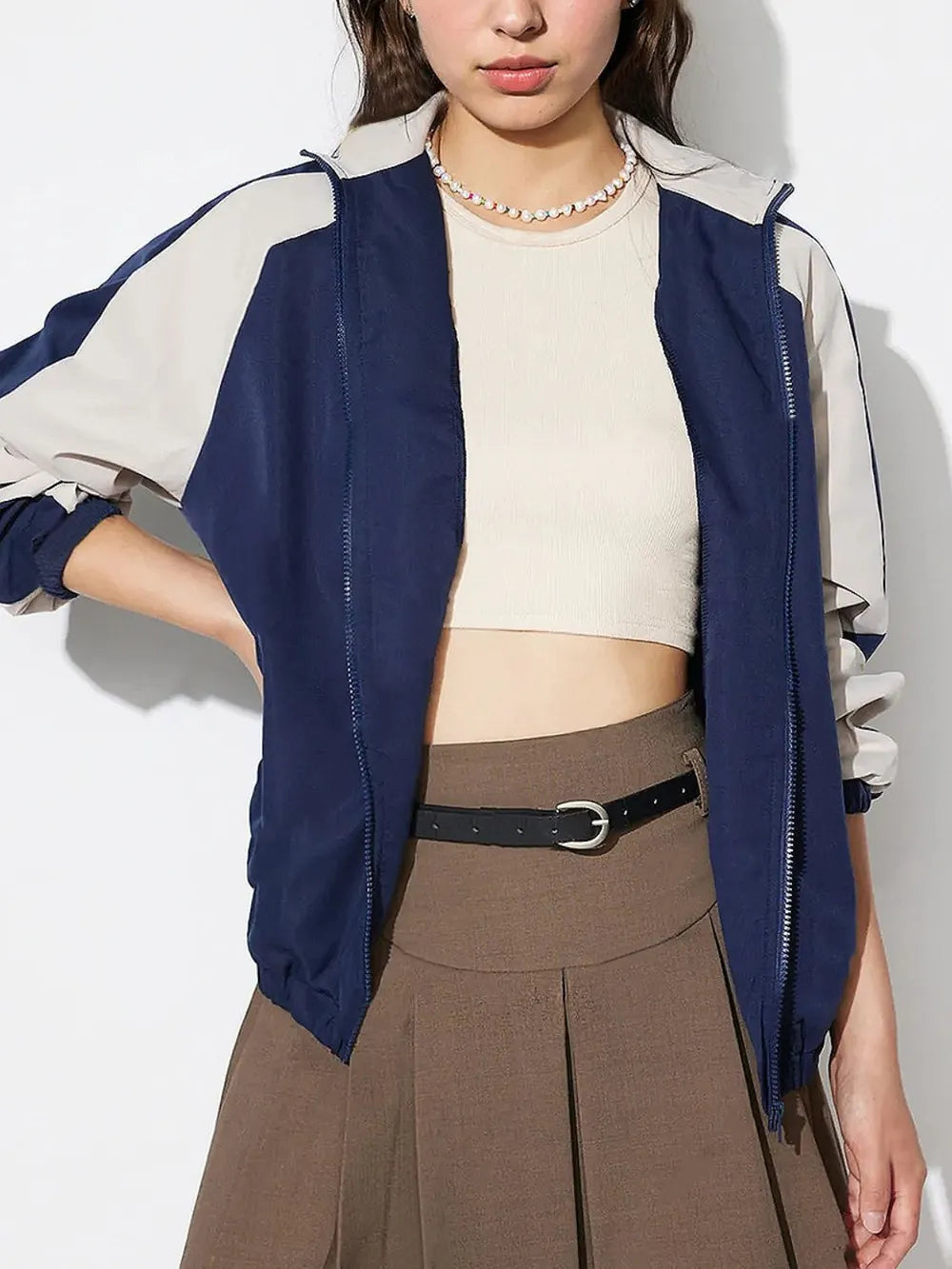 Contrast Zip Up Collared Neck Long Sleeve Jacket in Dark Blue, view 5