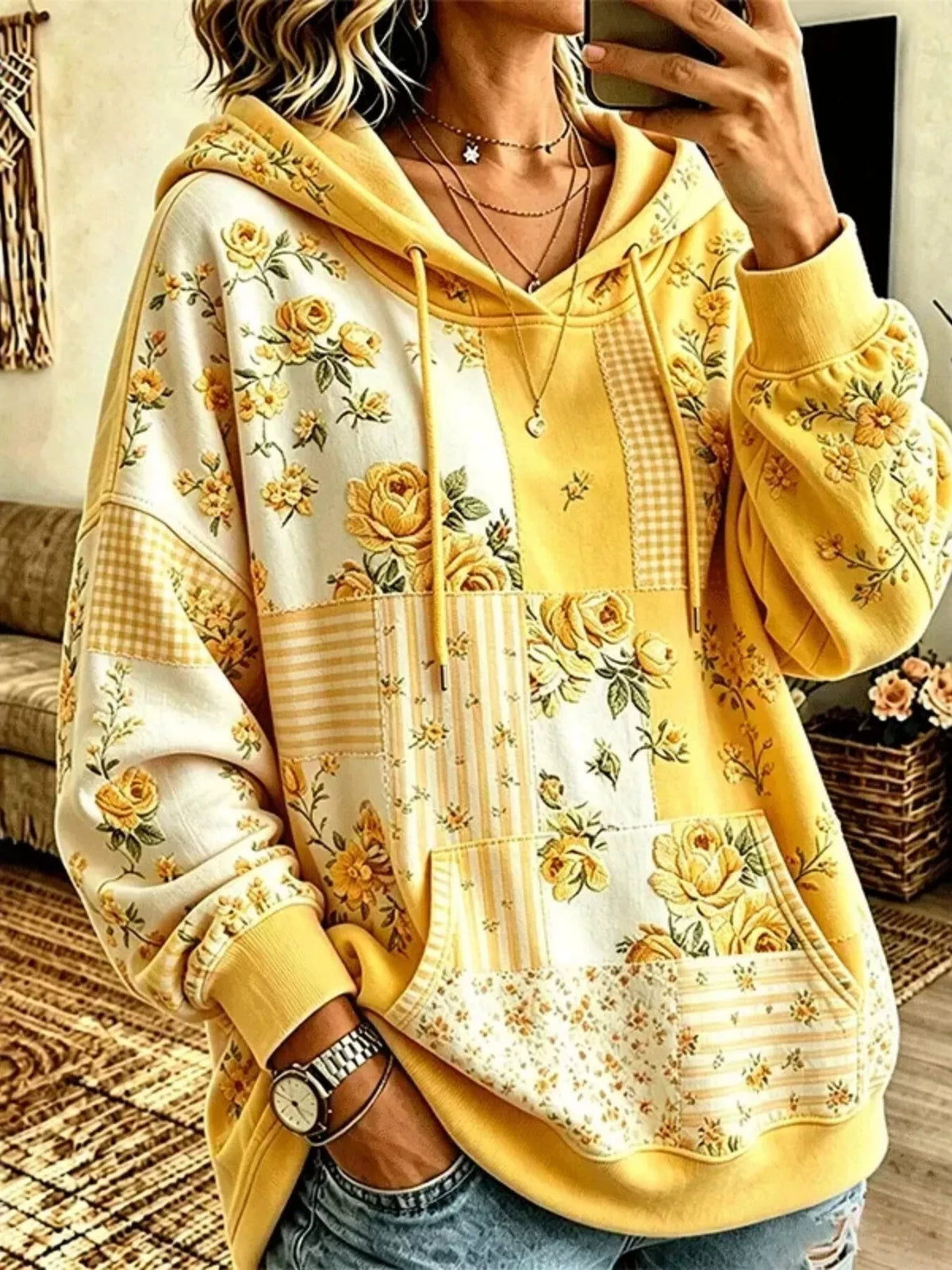 Full Size Drawstring Floral Dropped Shoulder Hoodie Plus Size in Yellow