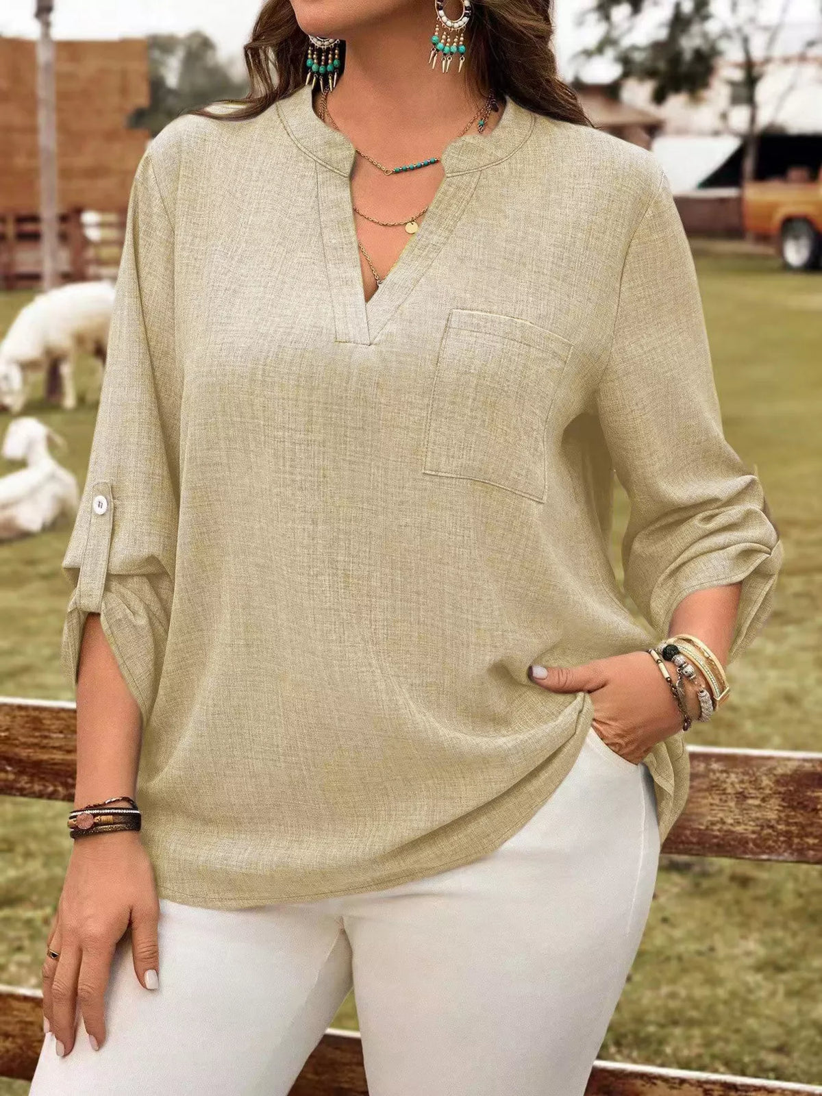 Plus Size Notched Roll-Tab Sleeve Casual Blouse - Lilixa.store