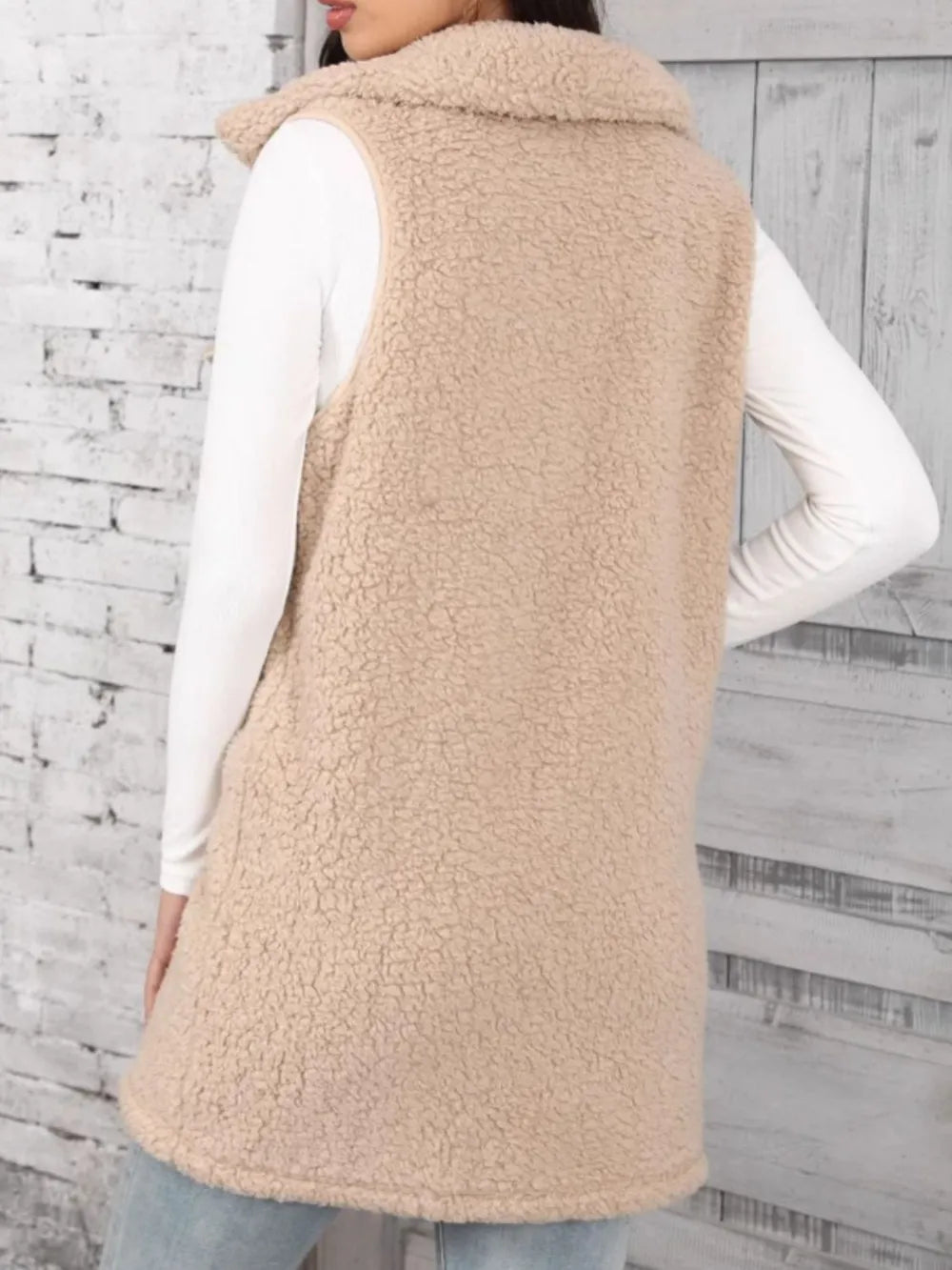Button Up Teddy Vest Coat in Tan, view 2