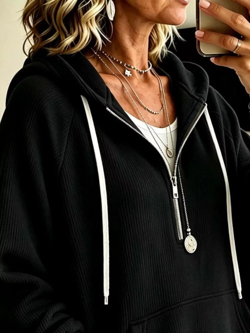 Ribbed Knit Quarter-Zip Hoodie with Kangaroo Pocket - Lilixa.store