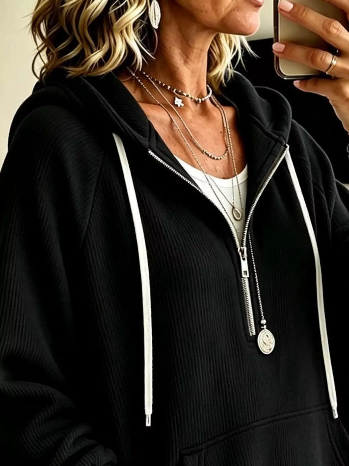 Ribbed Knit Quarter-Zip Hoodie with Kangaroo Pocket - Lilixa.store