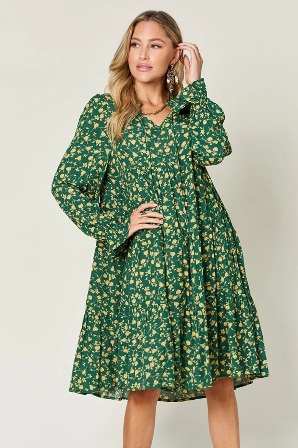 Double Take Full Size Printed Ruffle Hem Long Sleeve Tiered Dress - Lilixa.store