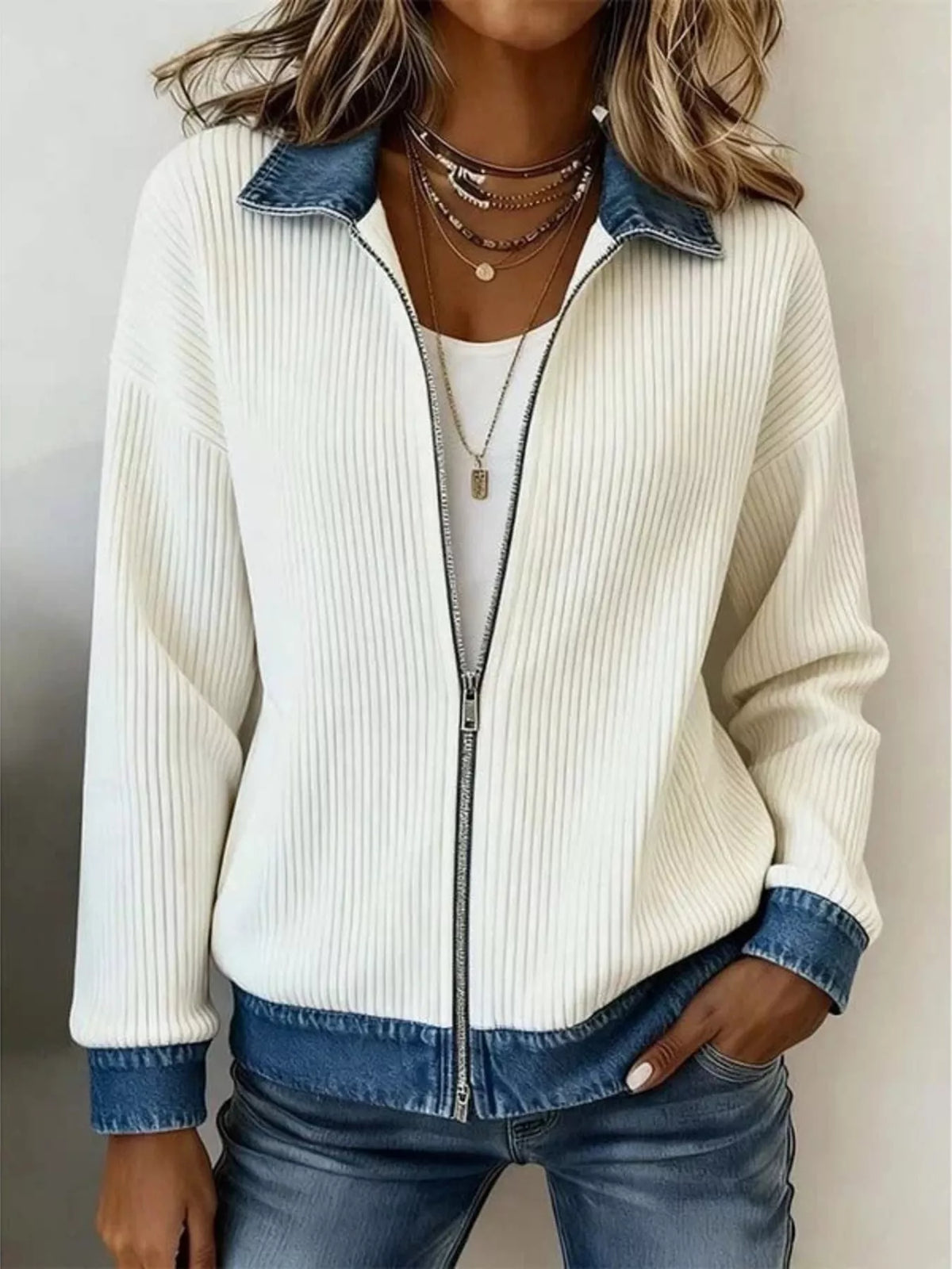 Contrast Denim Collar Ribbed Knit Jacket - Lilixa.store
