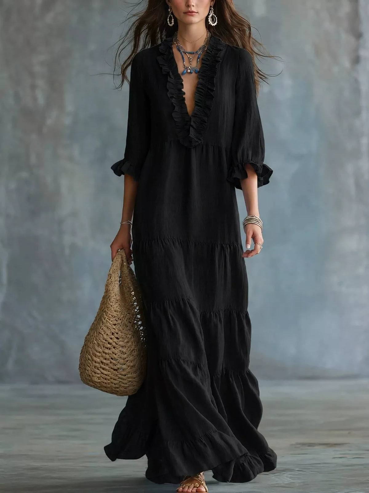 Ruffled V-Neck Tiered Maxi Dress
