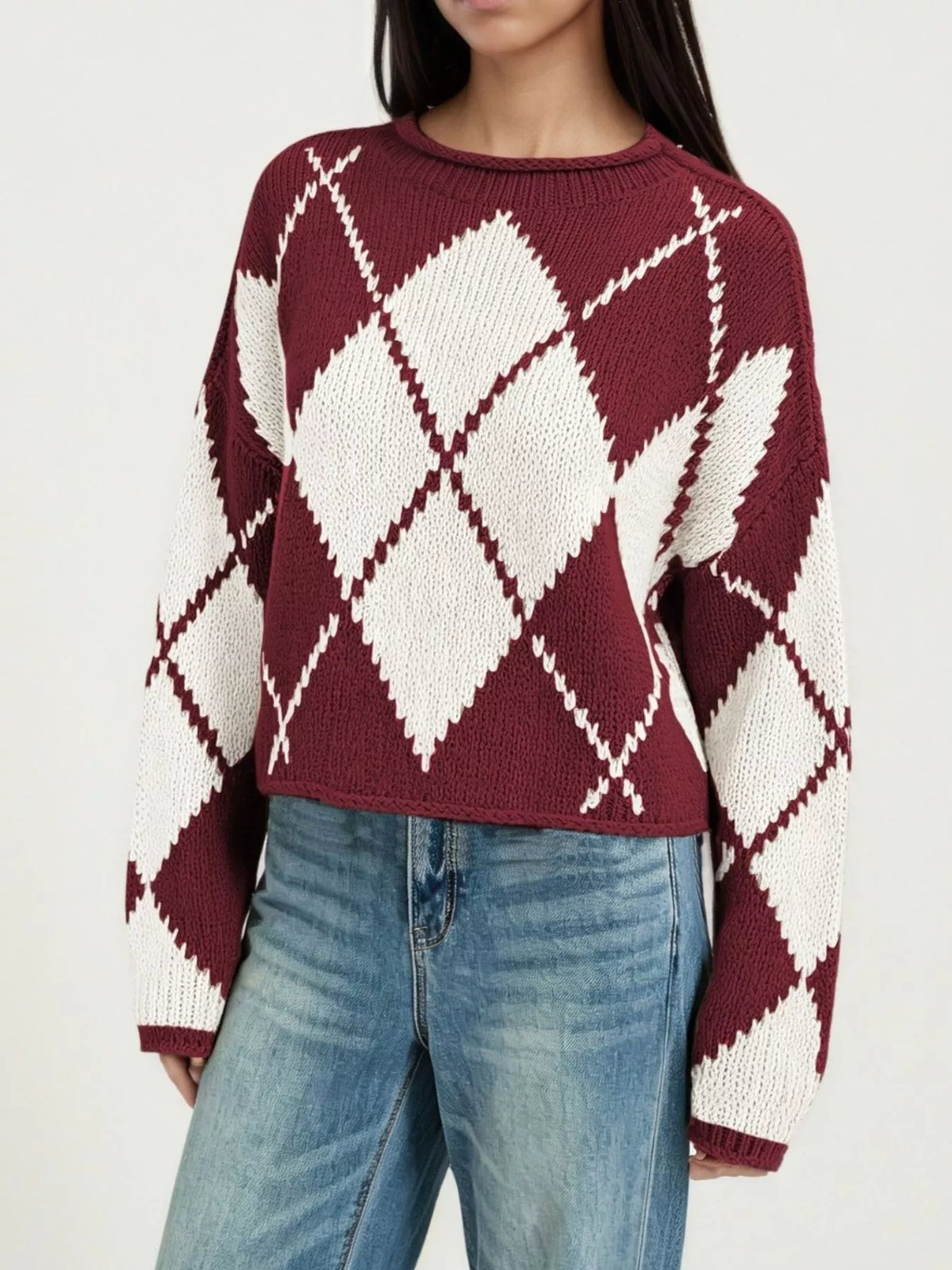 Argyle Pattern Knit Dropped Shoulder Sweater