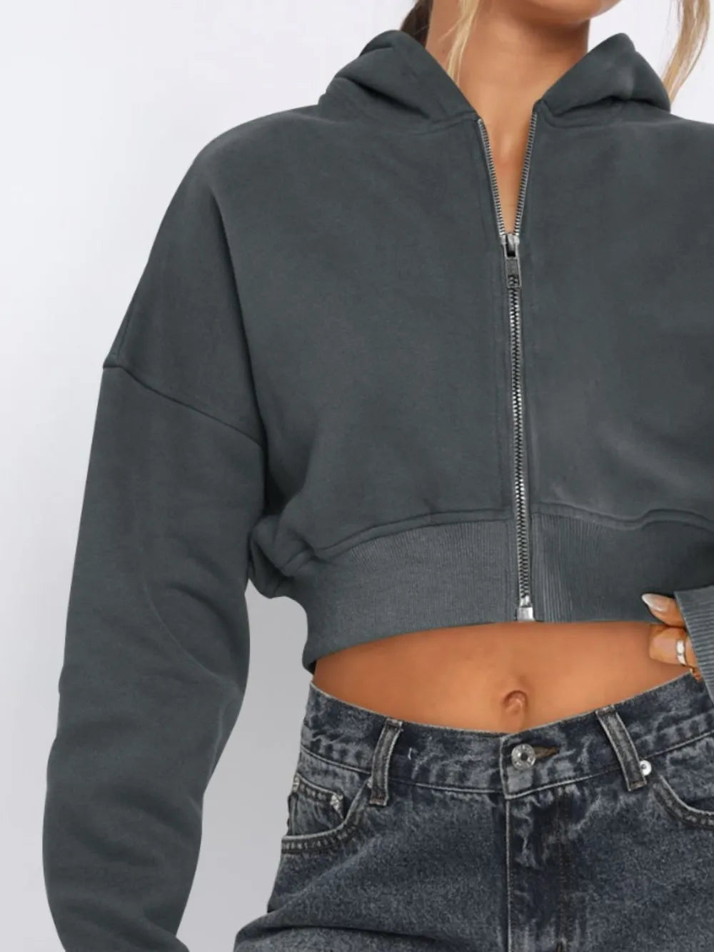 Zip Up Long Sleeve Hooded Cropped Jacket, view 8