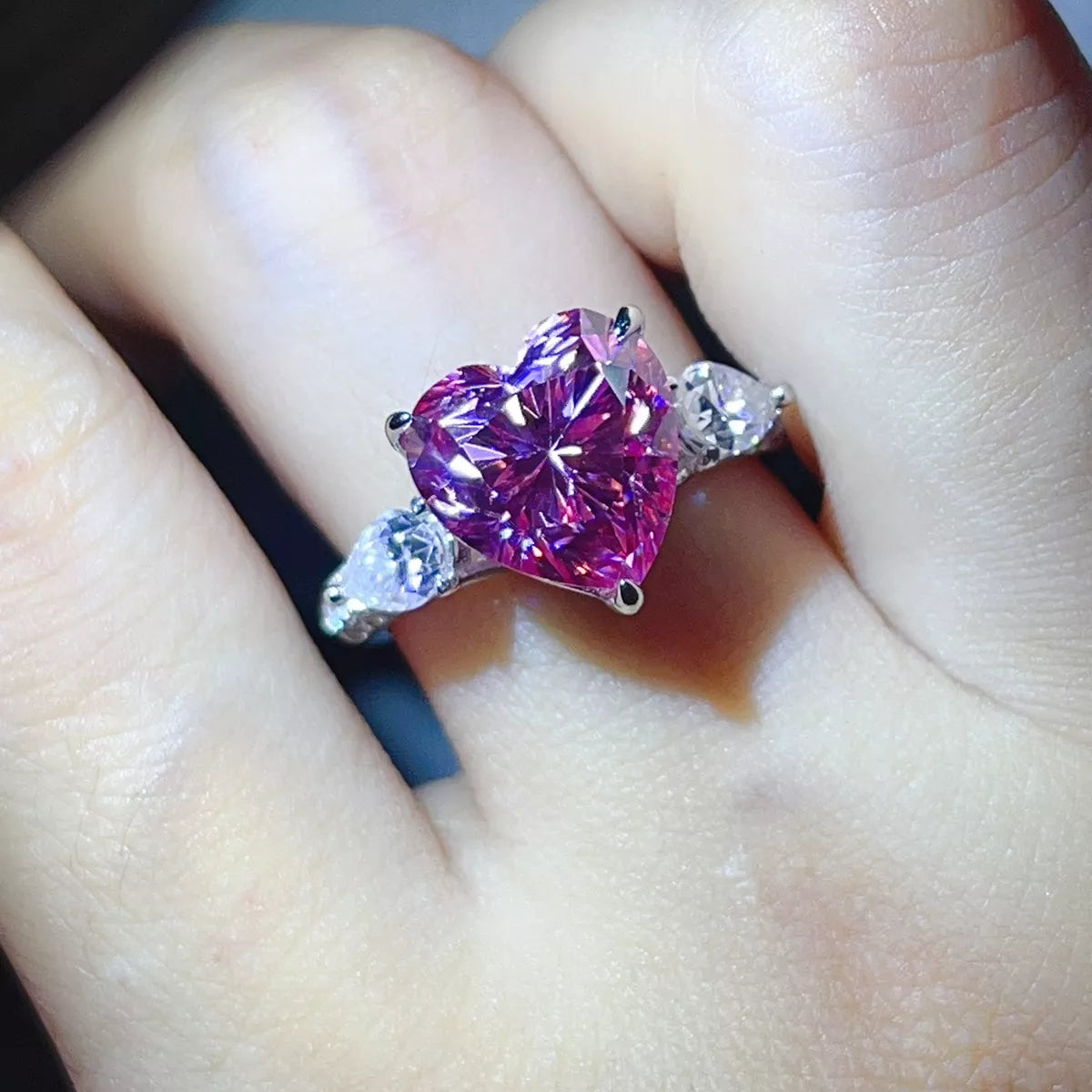 6 Carat 925 Sterling Silver Moissanite Heart Ring in Pink, view 5
