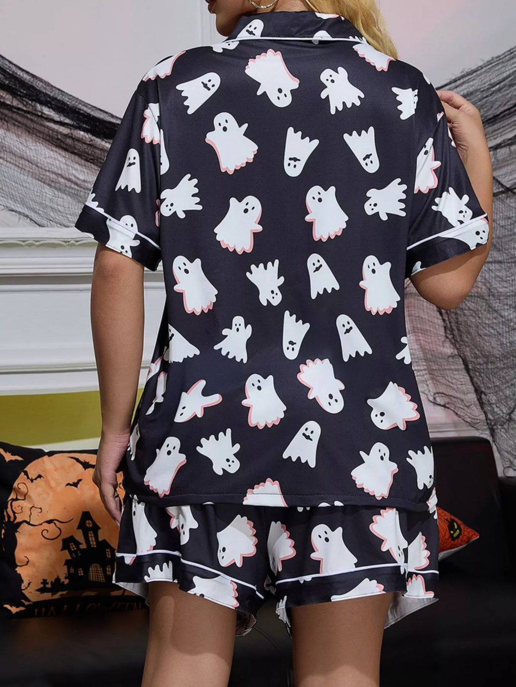 Halloween Ghost Print Button-Down Top and Shorts Lounge Set - Lilixa.store