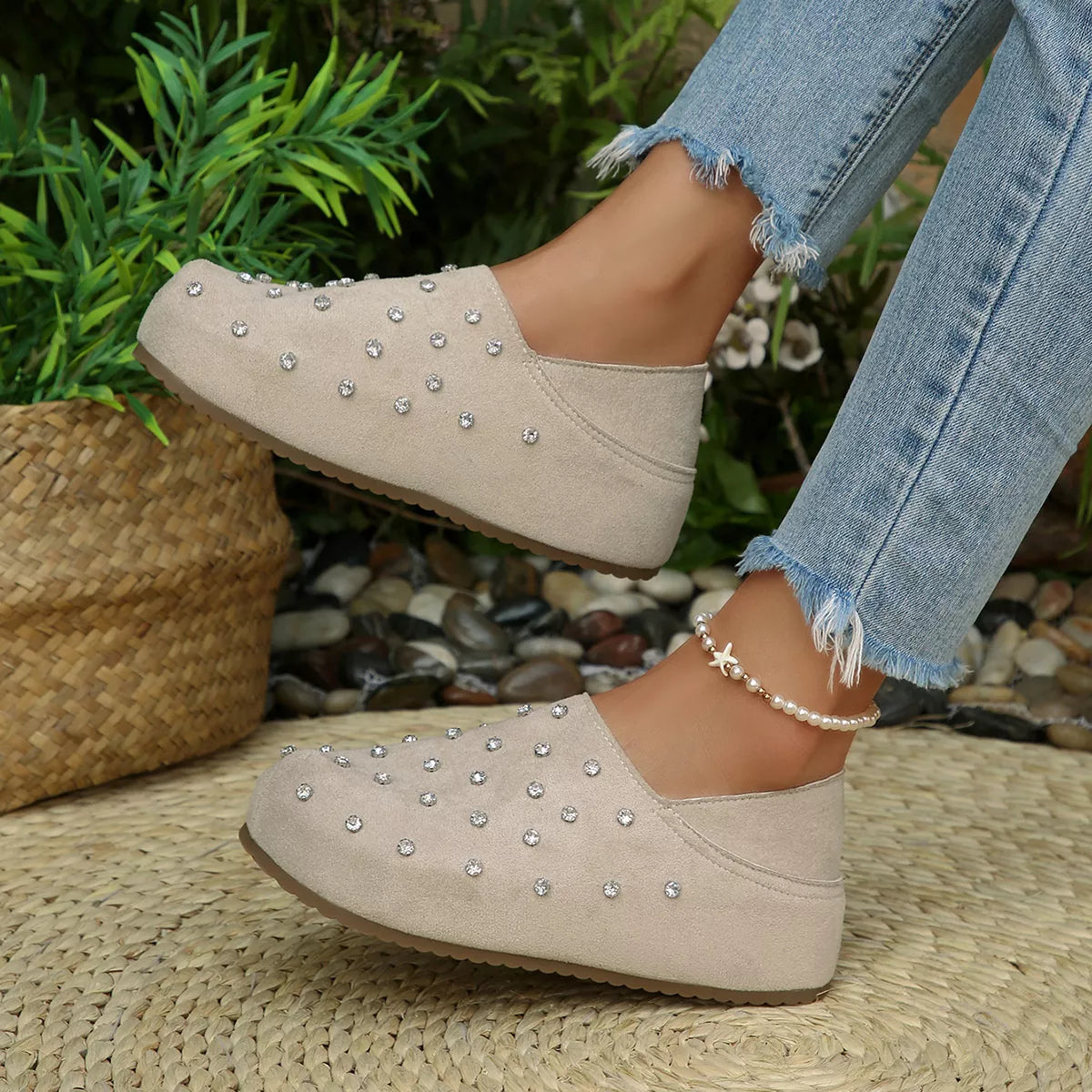 Rhinestone Round Toe Slip-Ons - Lilixa.store