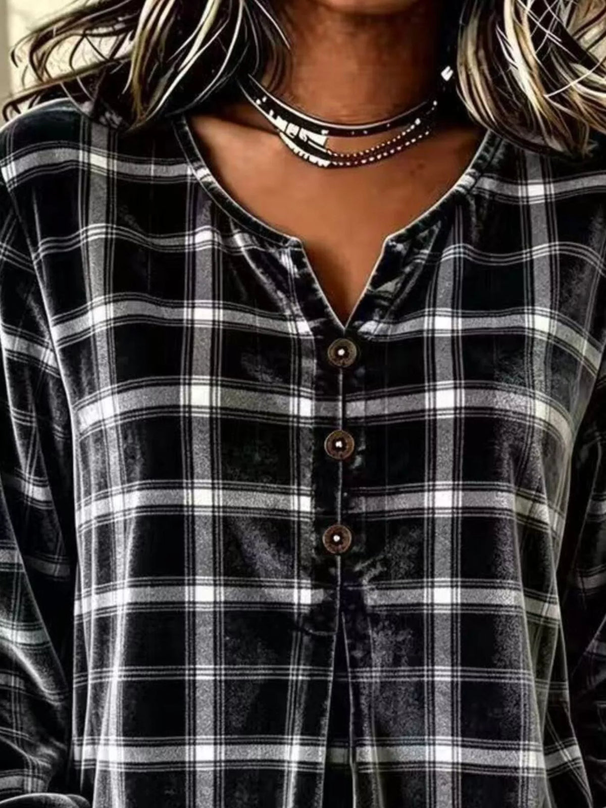 Full Size Plaid Velvet Flounce Sleeve Blouse Plus Size, view 4
