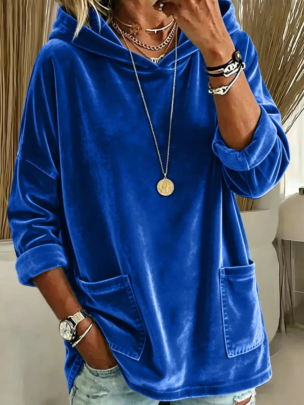 Full Size Velvet Long Sleeve Hoodie with Front Pockets Plus Size - Lilixa.store