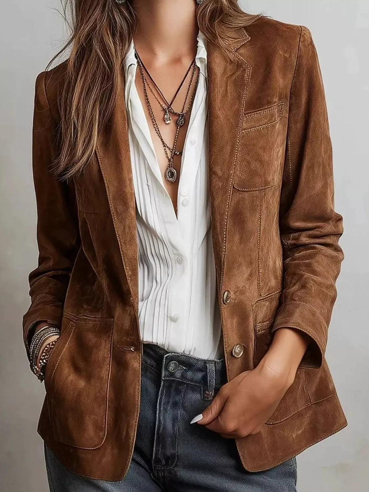 Full Size Slim Fit Suede Long Sleeve Blazer Plus Size - Lilixa.store