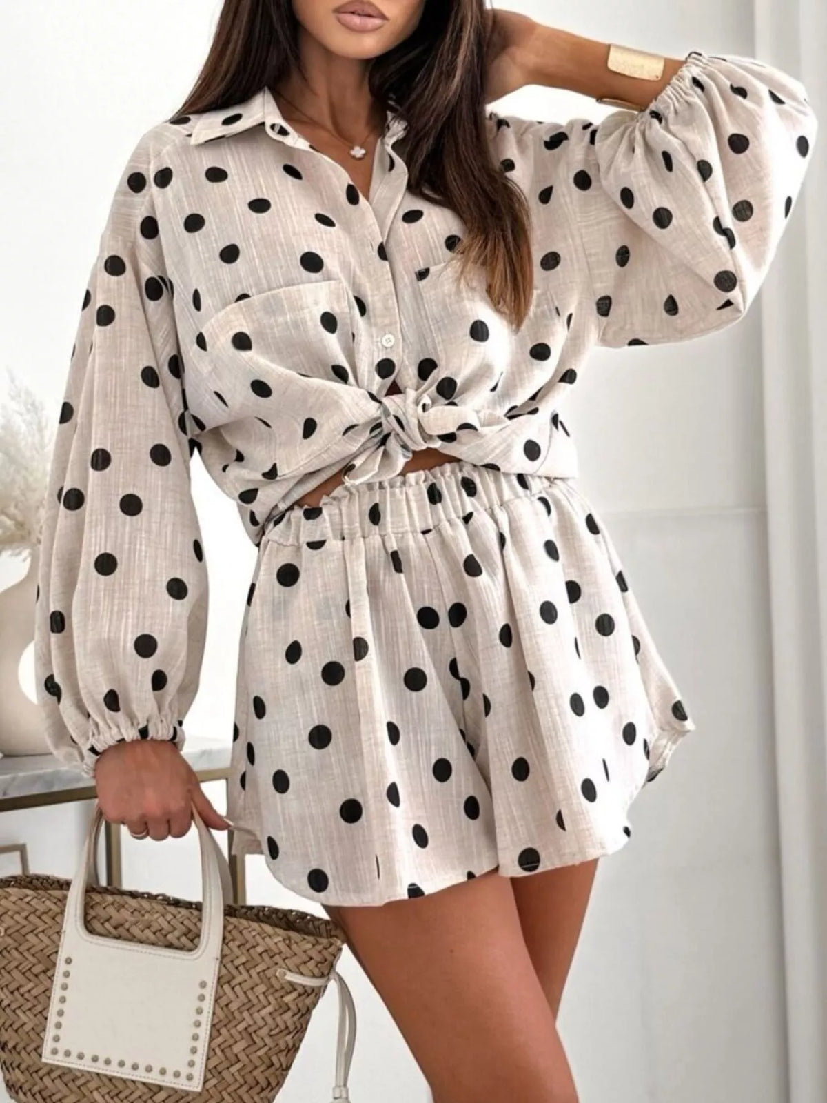 Long Sleeve Shirt and High-Waisted Shorts Set - Lilixa.store